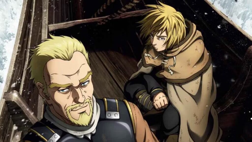 Dramatic image of Thorfinn facing Askeladd