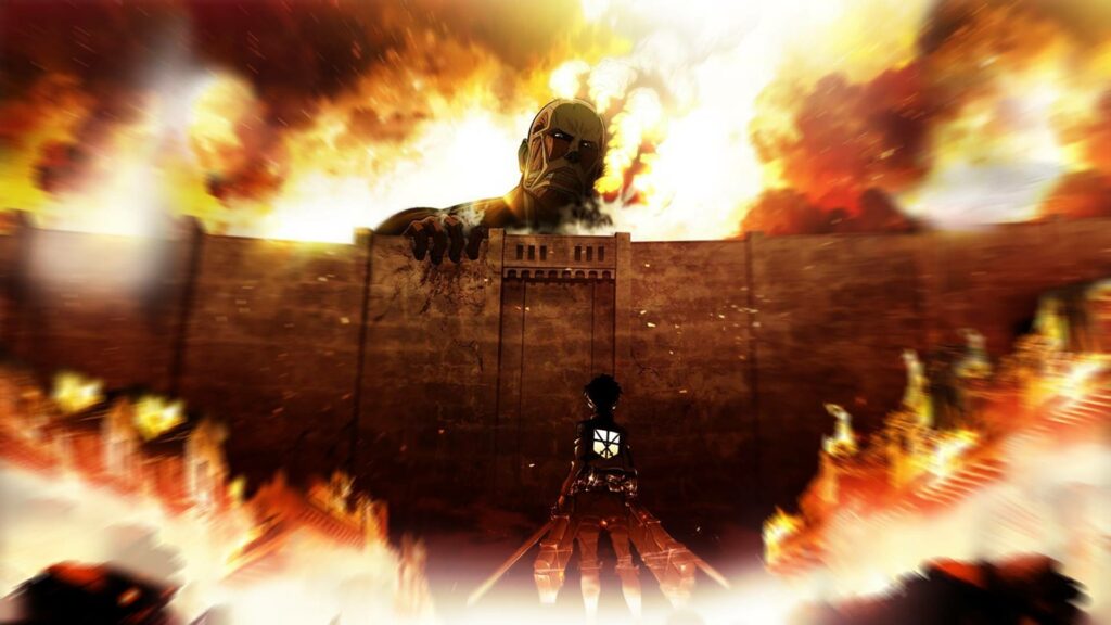 Eren facing the Colossal Titan at the wall