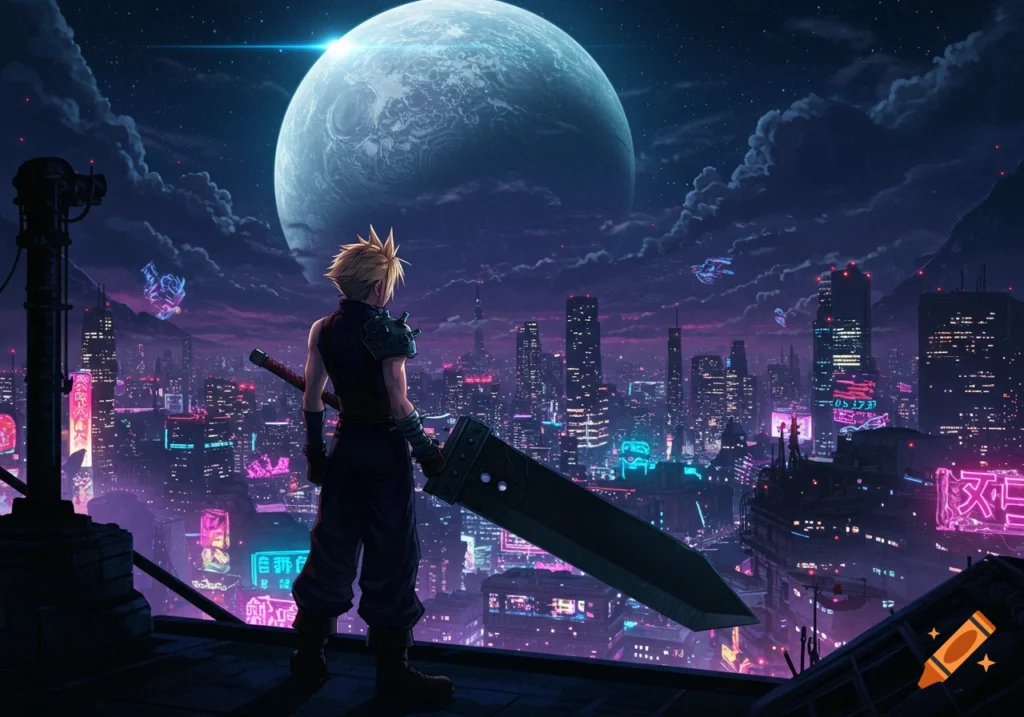Cloud holding the Buster Sword on a neon-lit street
