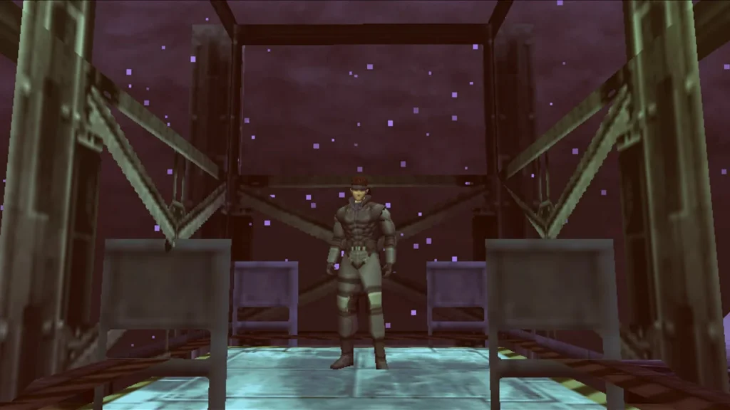 Solid Snake sneaking through a shadowy corridor
