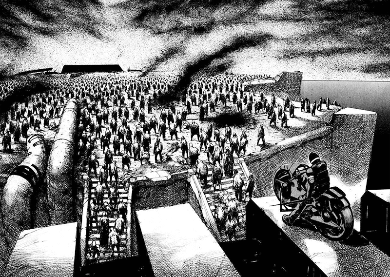 page from Biomega showing the cityscape or the protagonist